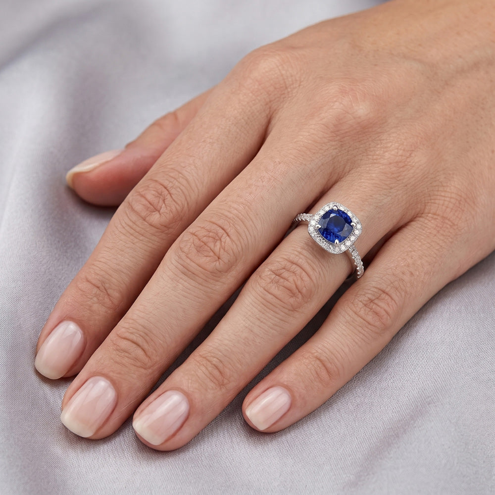 2.70 Ct Ceylon Sapphire & Natural Earth Mined Diamonds Halo Ring White Gold 14K