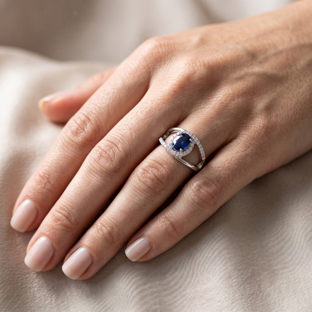 2.75 Ct Oval Ceylon Blue Sapphire And Natural Earth Mined Diamond Ring White Gold 14K