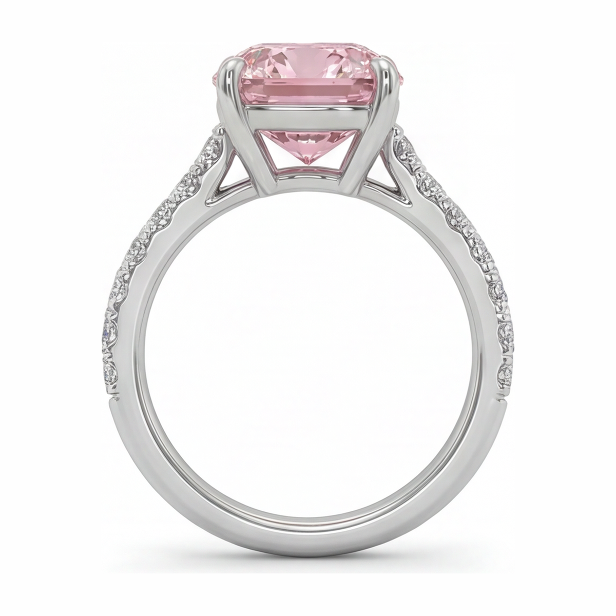 2.75 Carat Cushion Pink Lab Grown Diamond and White Diamond Pave Ring 14K White Gold