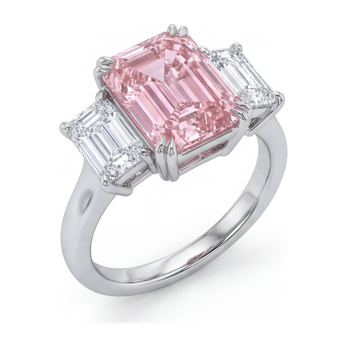 2.75 Carat Emerald Pink Lab Grown Diamond and White Diamond Three Stone Ring 14K White Gold