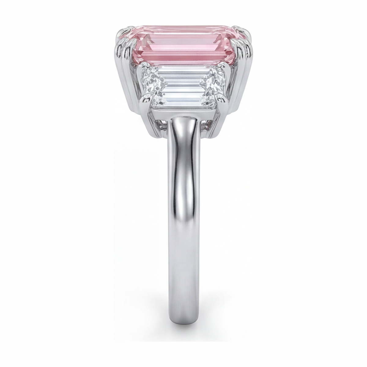 2.75 Carat Emerald Pink Lab Grown Diamond and White Diamond Three Stone Ring 14K White Gold