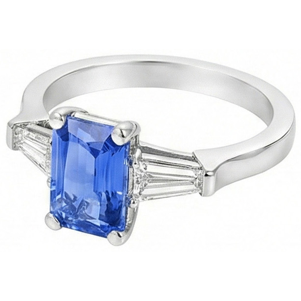Natural Real ( Not Lab Grown ) 2 Carats Womens Jewelry Blue Sapphire Ring Tapered Baguette 3 Stone