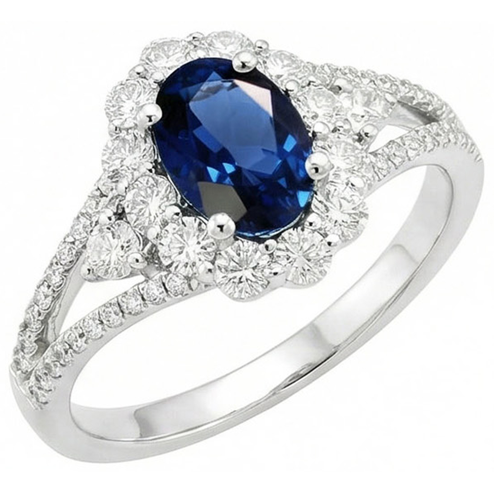 2 Ct Oval Ceylon Sapphire And Natural Earth Mined Diamond Wedding Ring White Gold 14K