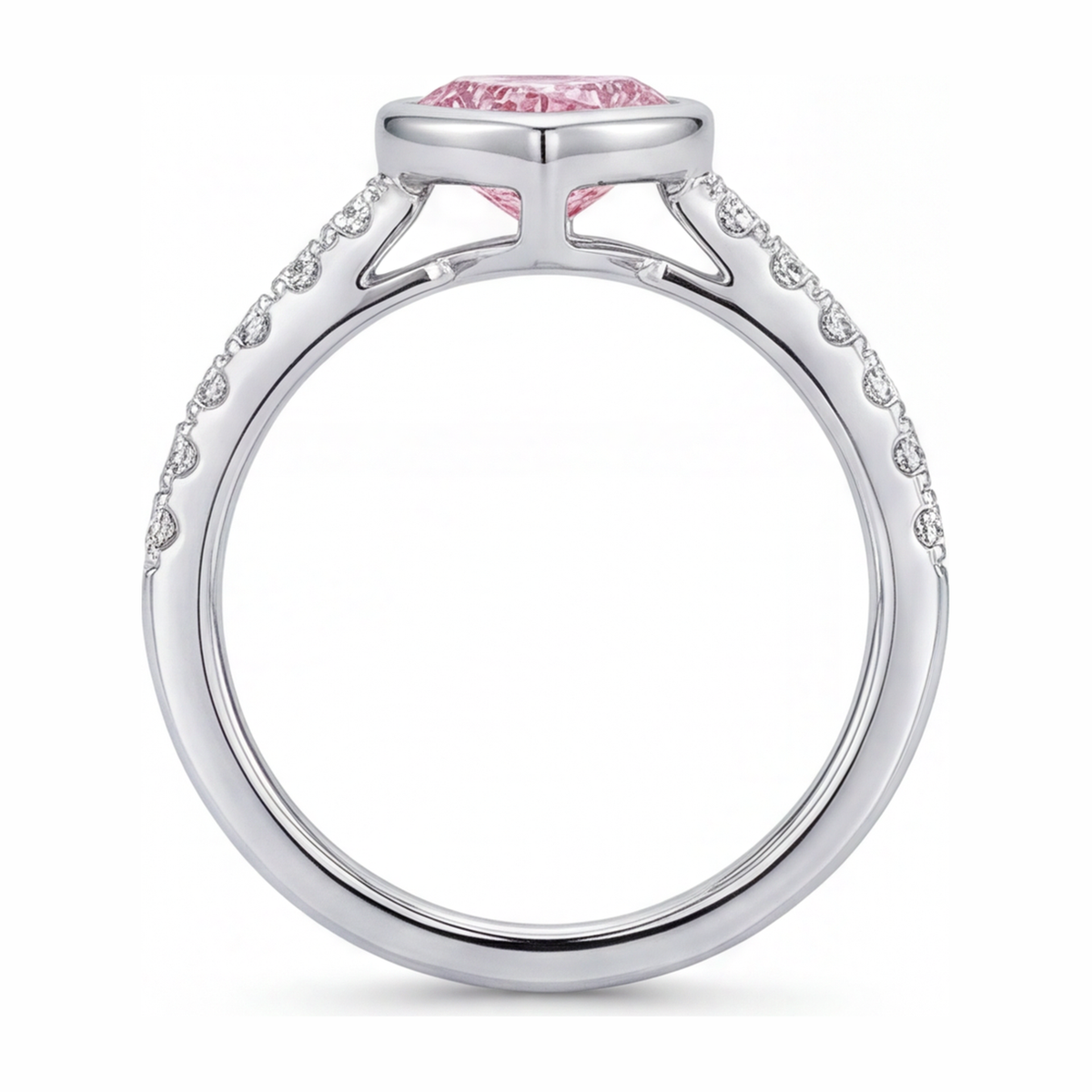 2 Carat Heart Pink Lab Grown Diamond and White Diamond Bezel Ring 14K White Gold