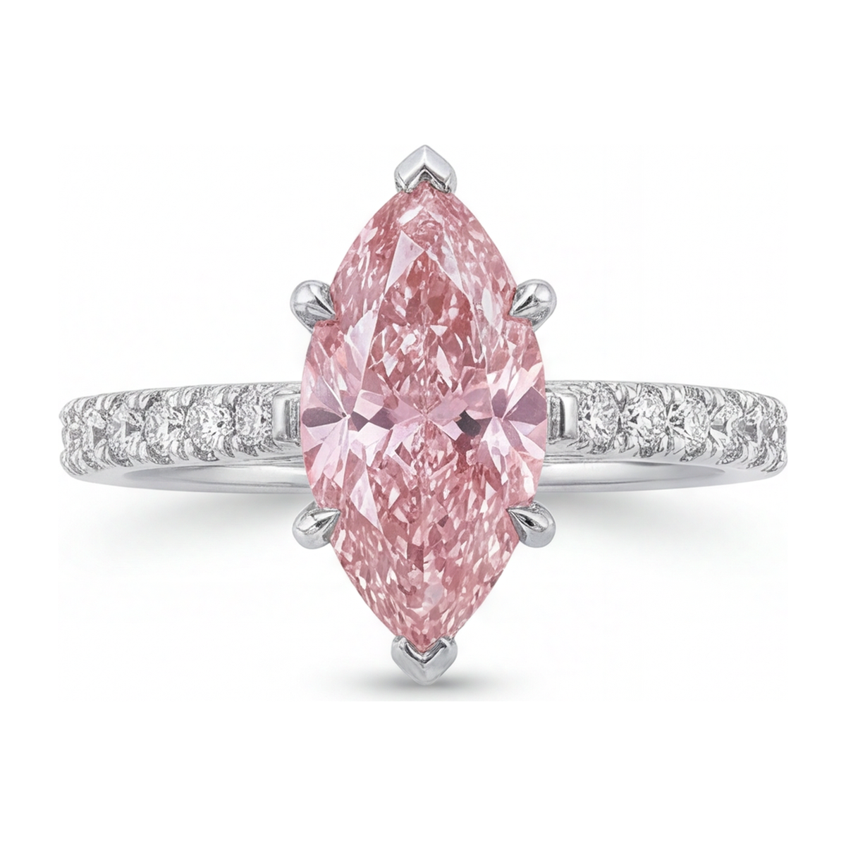 2 Carat Marquise Pink Lab Grown Diamond and White Diamond Pave Ring 14K White Gold