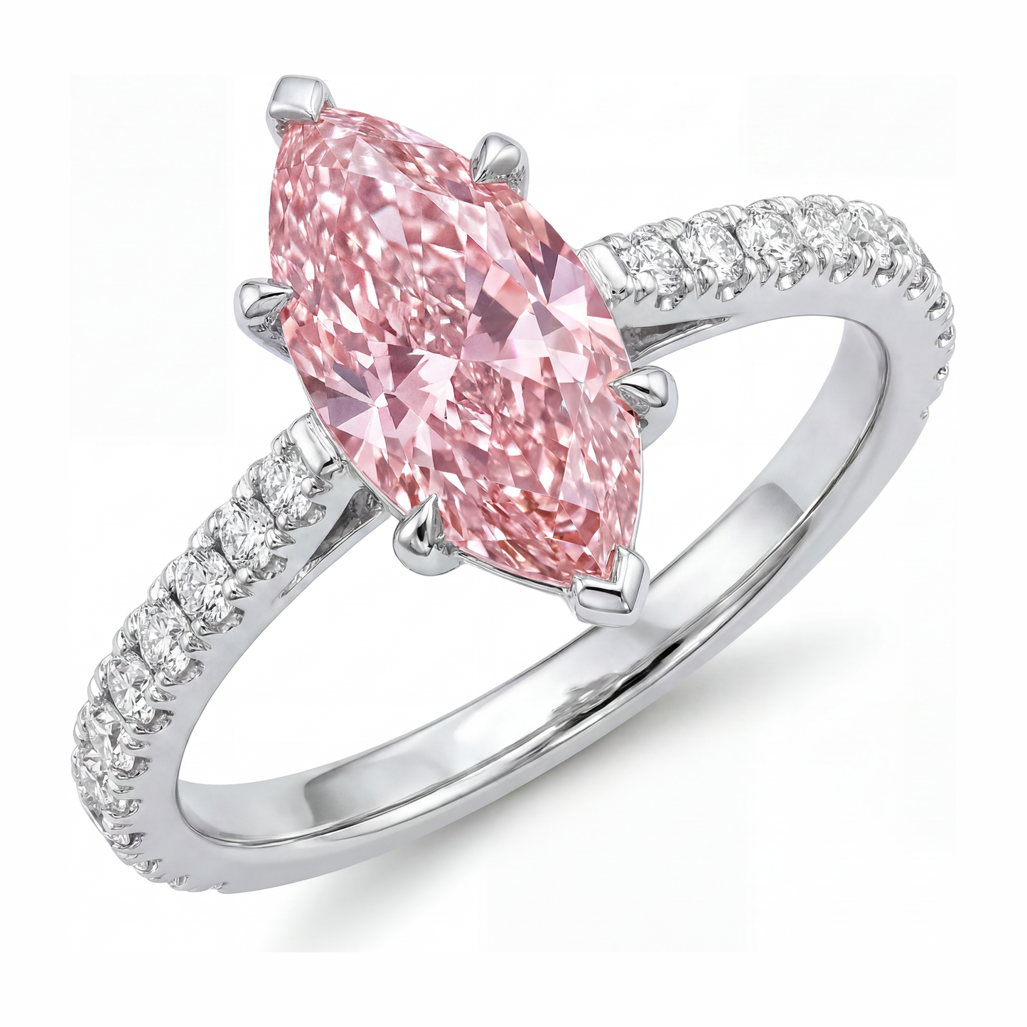 2 Carat Marquise Pink Lab Grown Diamond and White Diamond Pave Ring 14K White Gold