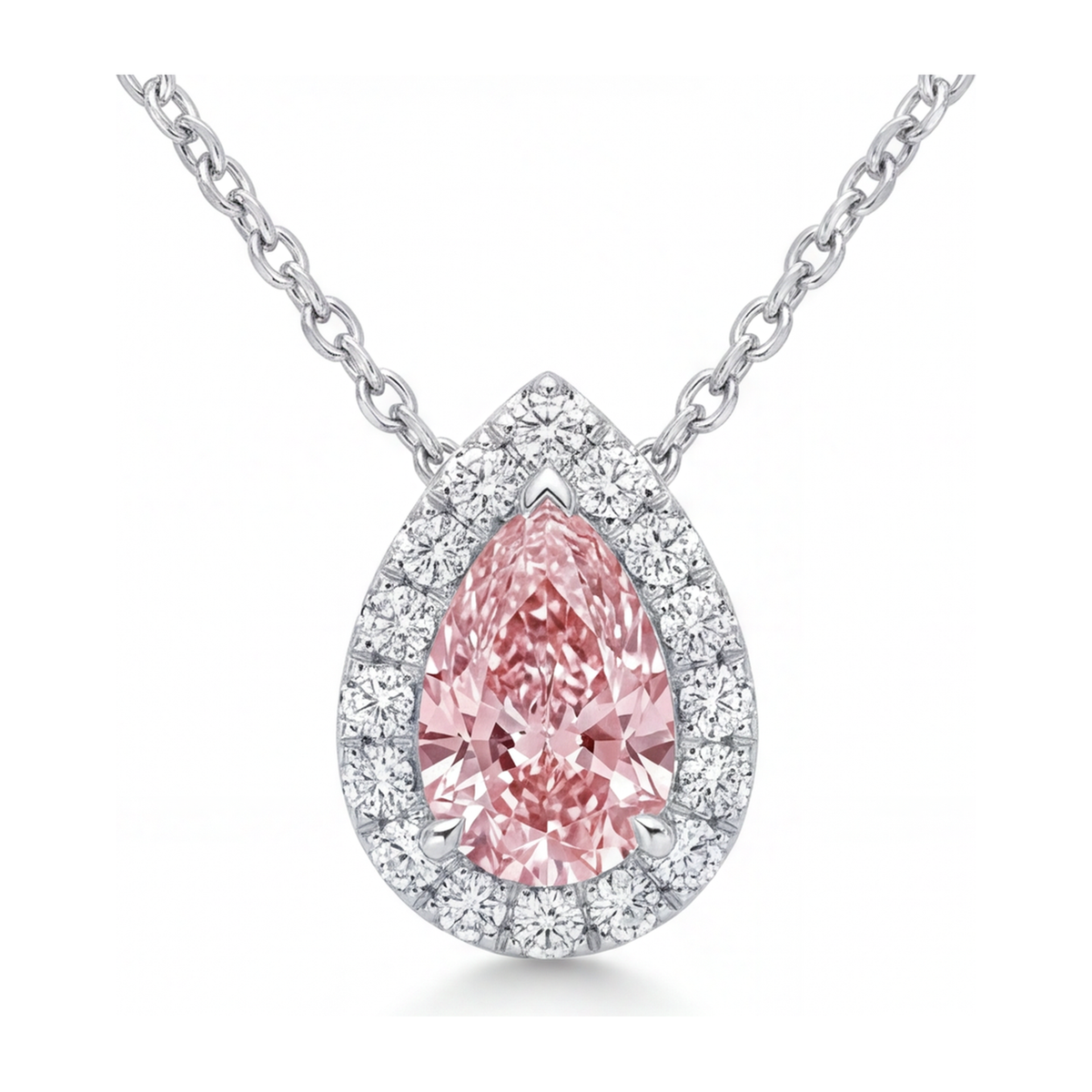 2 Carat Pear Pink Lab Grown Diamond and White Diamond Halo Pendant 14K White Gold
