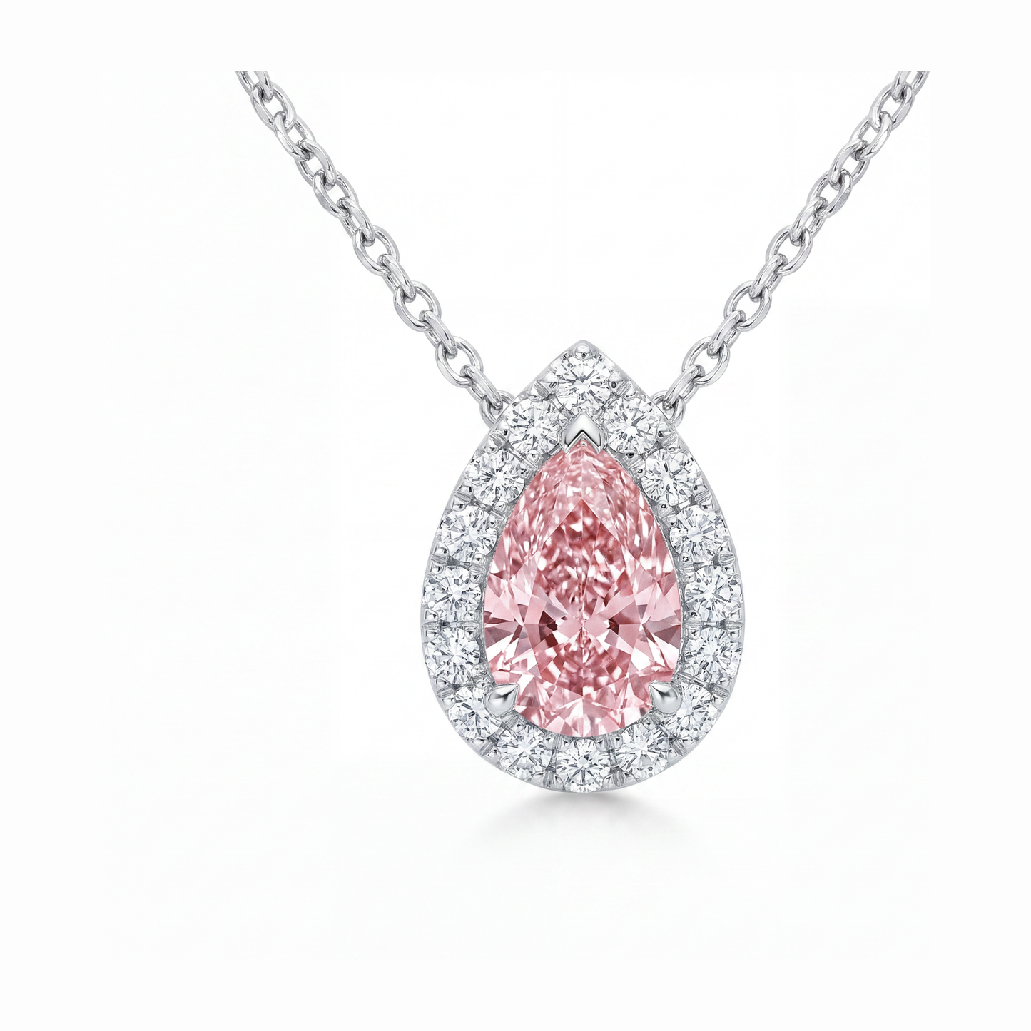 2 Carat Pear Pink Lab Grown Diamond and White Diamond Halo Pendant 14K White Gold