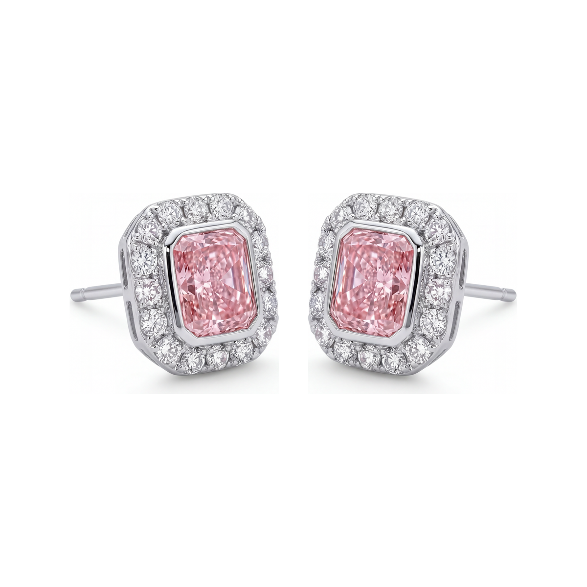 2 Carat Radiant Pink Lab Grown Diamond and White Diamond Halo Earrings 14K White Gold