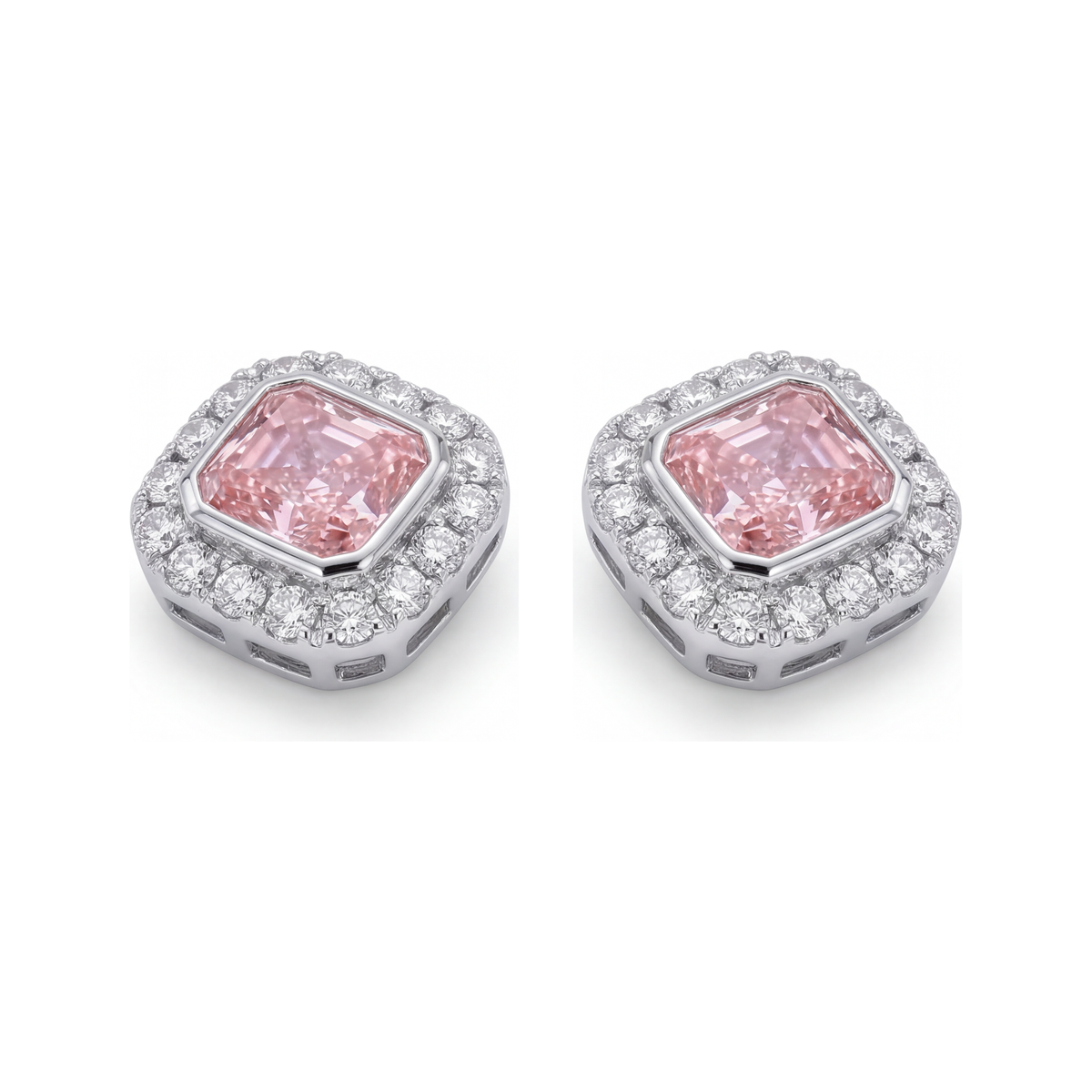 2 Carat Radiant Pink Lab Grown Diamond and White Diamond Halo Earrings 14K White Gold