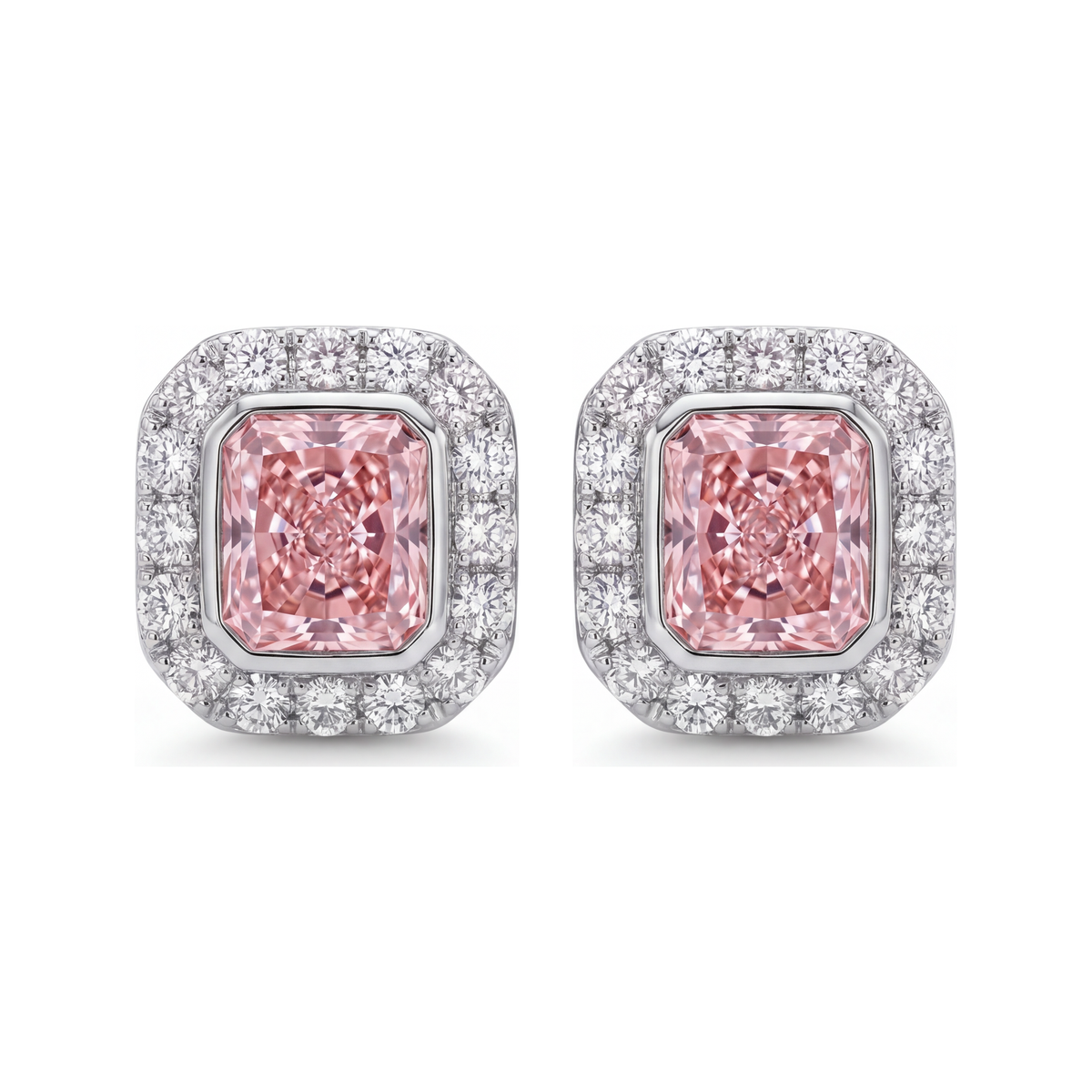 2 Carat Radiant Pink Lab Grown Diamond and White Diamond Halo Earrings 14K White Gold