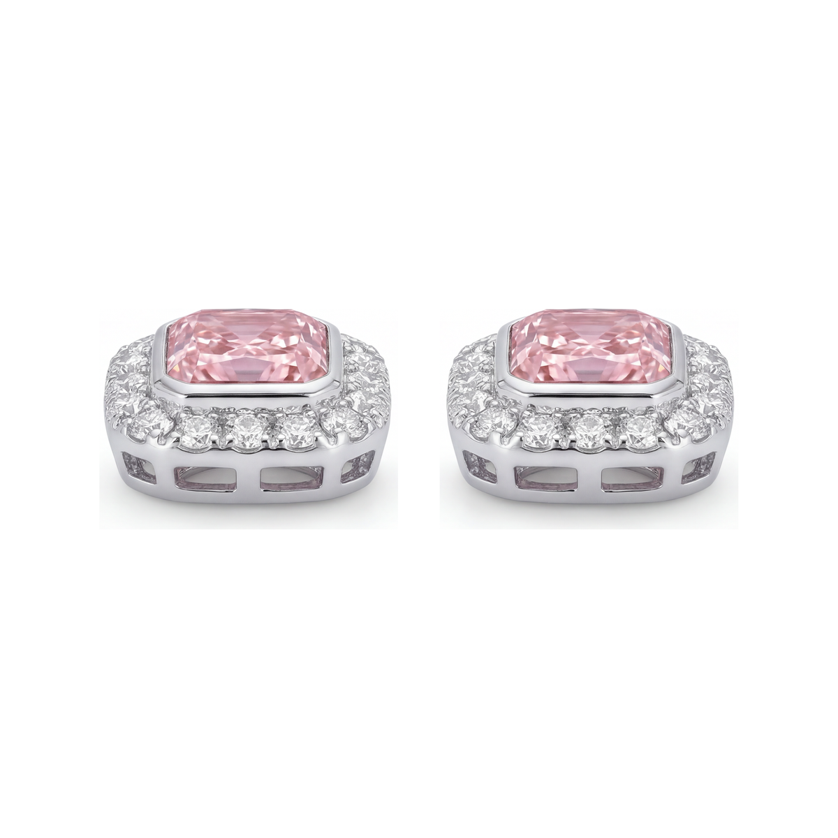 2 Carat Radiant Pink Lab Grown Diamond and White Diamond Halo Earrings 14K White Gold