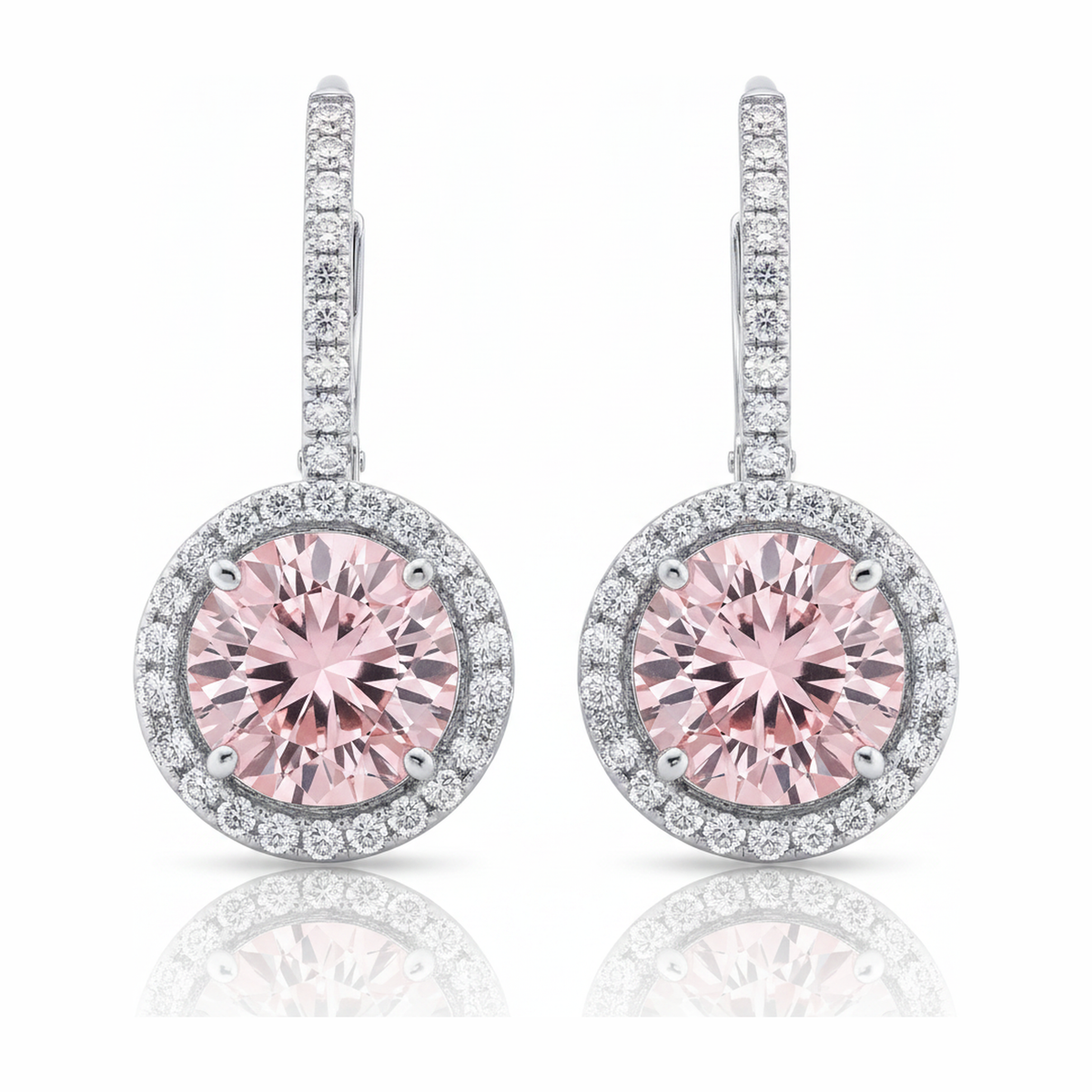 2 Carat Round Pink Lab Grown Diamond and White Diamond Halo Earrings 14K White Gold