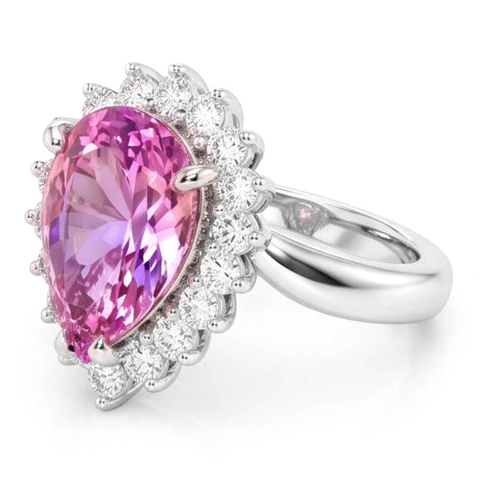 21.75 Carats Pear Kunzite With Round Natural Earth Mined Diamonds Ring White Gold 14K