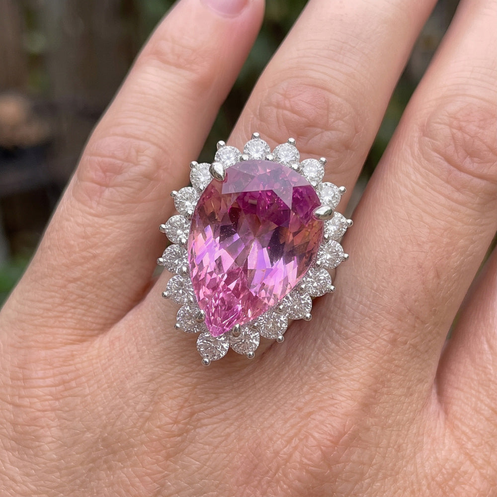 21.75 Carats Pear Kunzite With Round Natural Earth Mined Diamonds Ring White Gold 14K