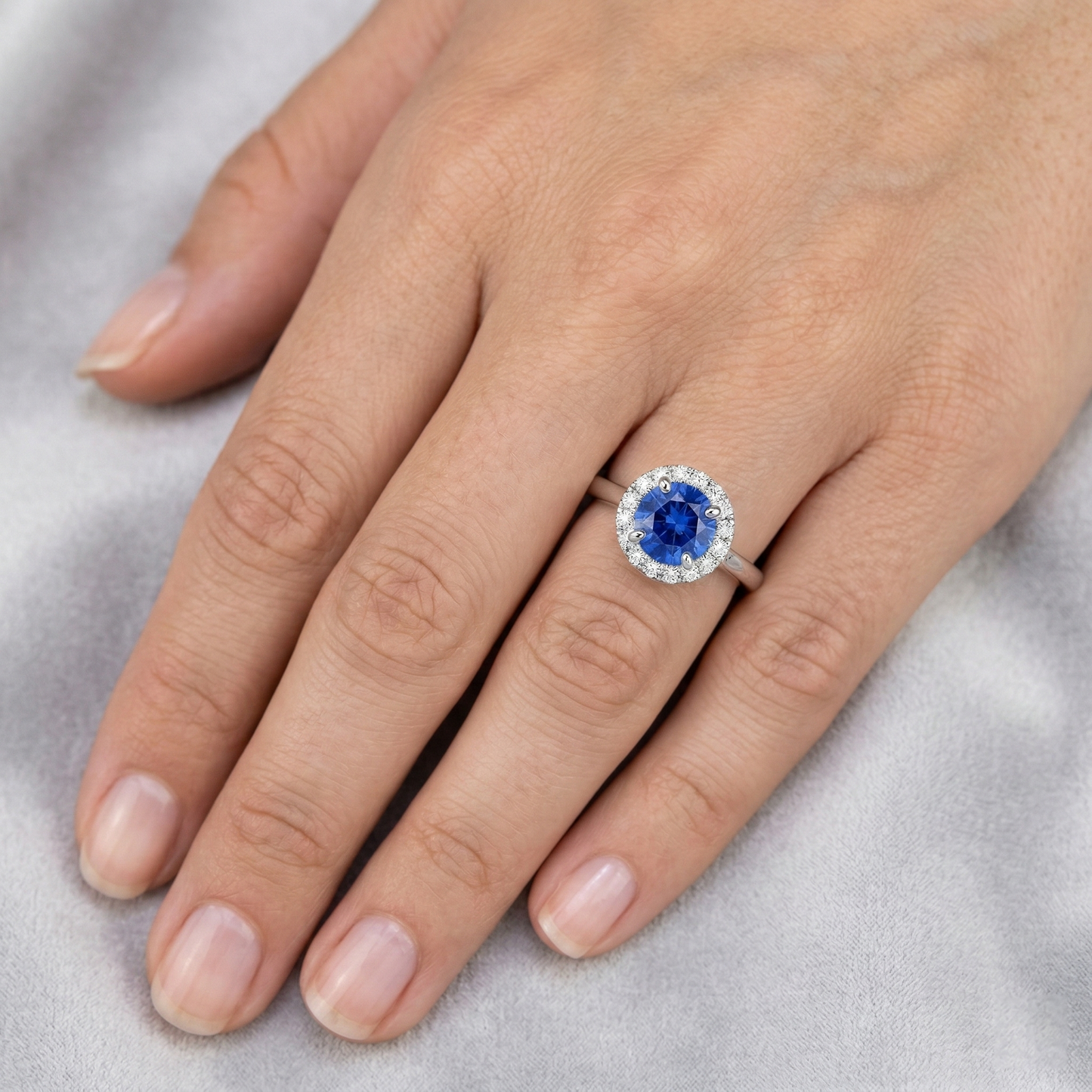2 Carats Round Sapphire And Natural Earth Mined Diamond Engagement Ring White Gold 14K