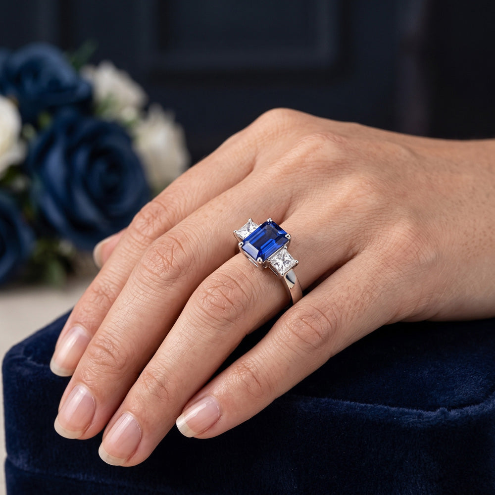 3.05 Ct. Emerald Ceylon Sapphire And Natural Earth Mined Diamonds Three Stone Ring