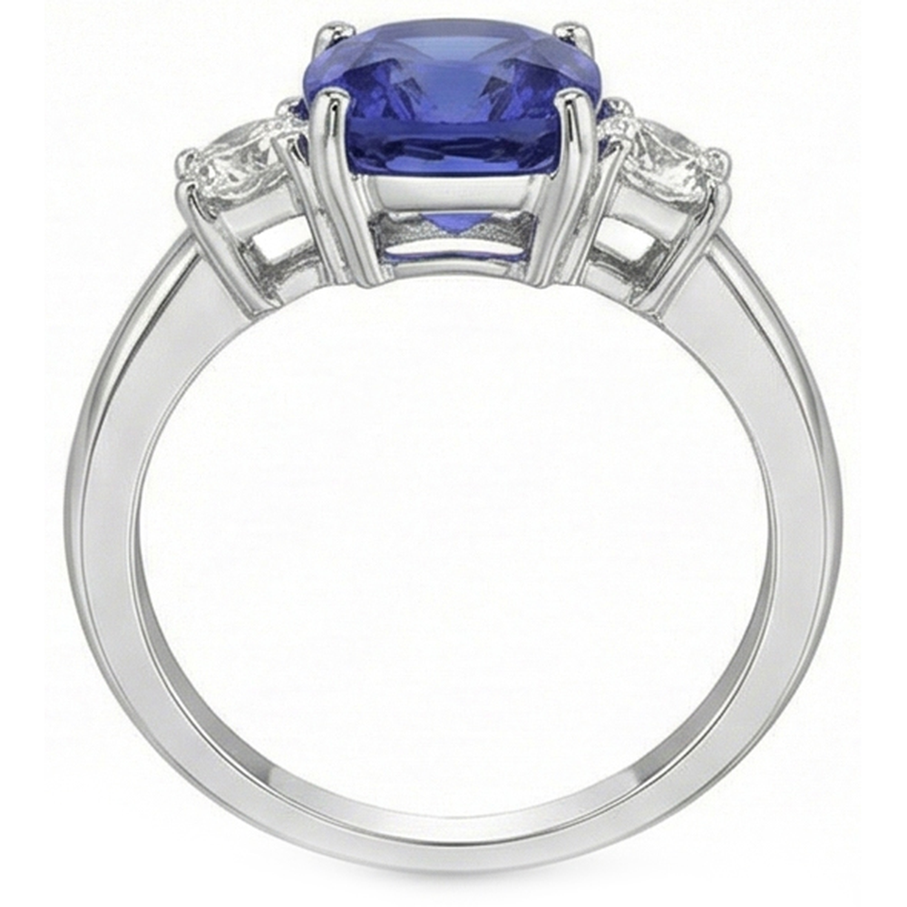 3.25 Carats Three Stone Kashmir Sapphire And Natural Earth Mined Diamonds Ring White Gold 14K