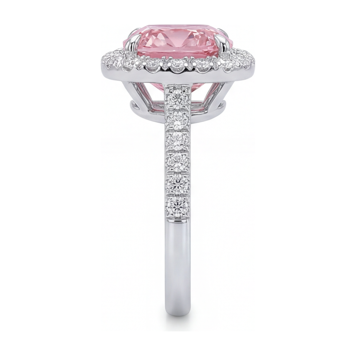 3.25 Carat Cushion Pink Lab Grown Diamond and White Diamond Halo Ring 14K White Gold