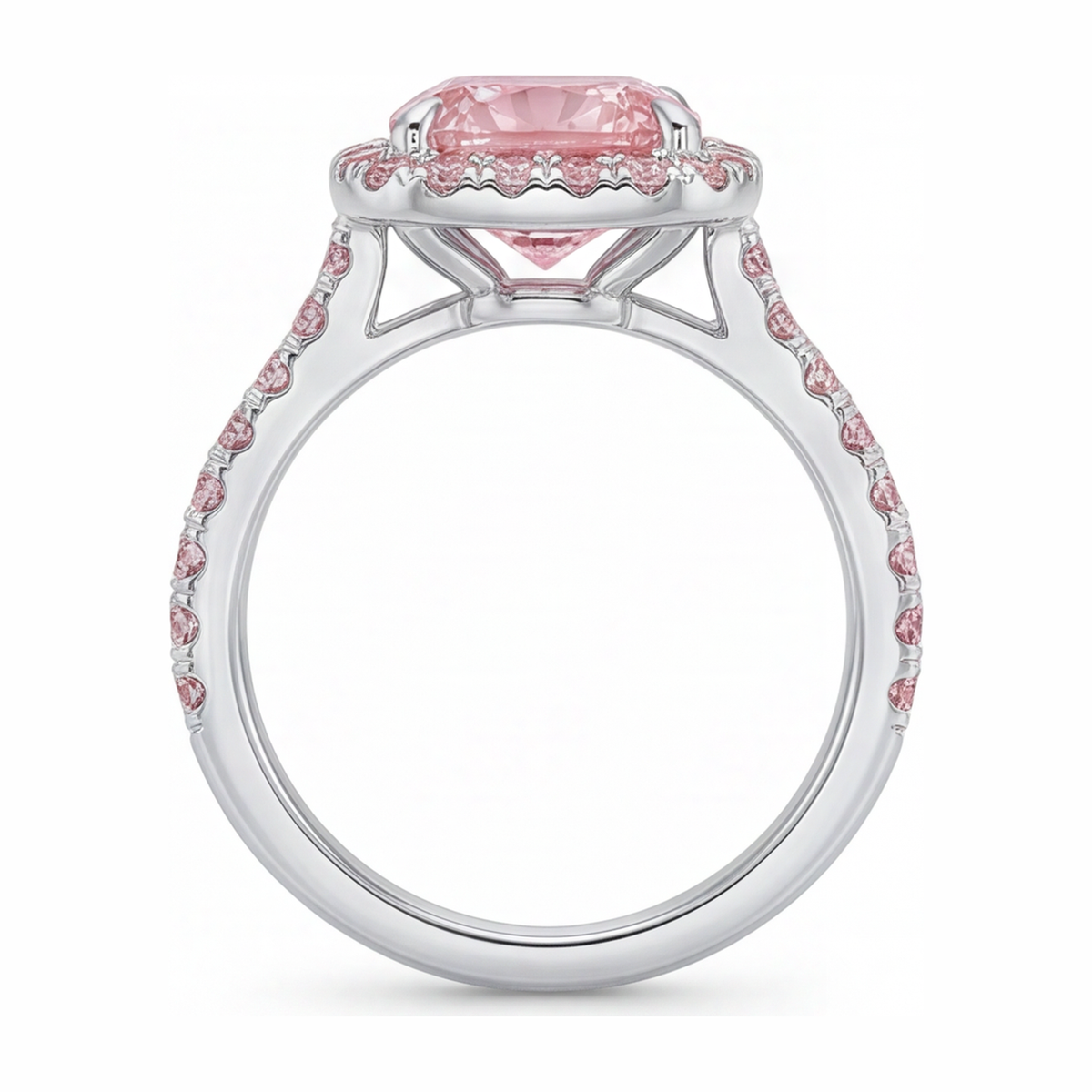 3.25 Carat Cushion Pink Lab Grown Diamond and White Diamond Halo Ring 14K White Gold