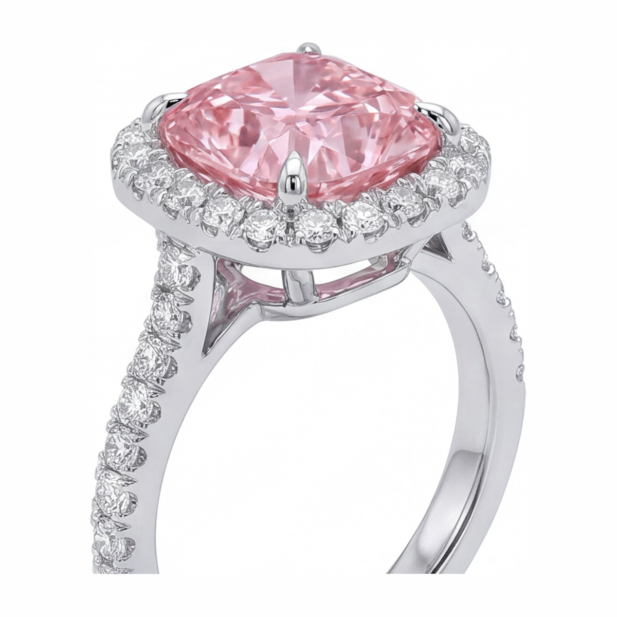 3.25 Carat Cushion Pink Lab Grown Diamond and White Diamond Halo Ring 14K White Gold