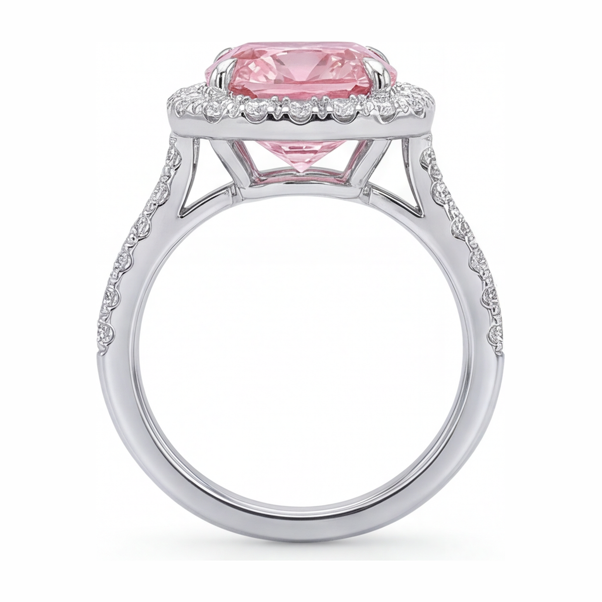 3.25 Carat Cushion Pink Lab Grown Diamond and White Diamond Halo Ring 14K White Gold