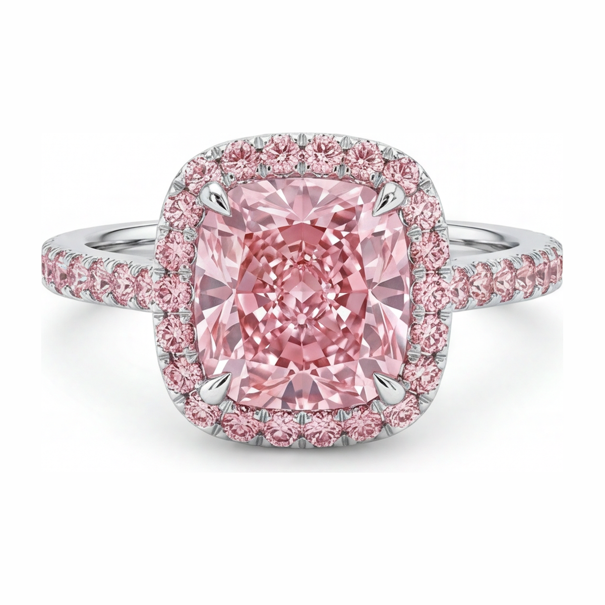 3.25 Carat Cushion Pink Lab Grown Diamond and White Diamond Halo Ring 14K White Gold