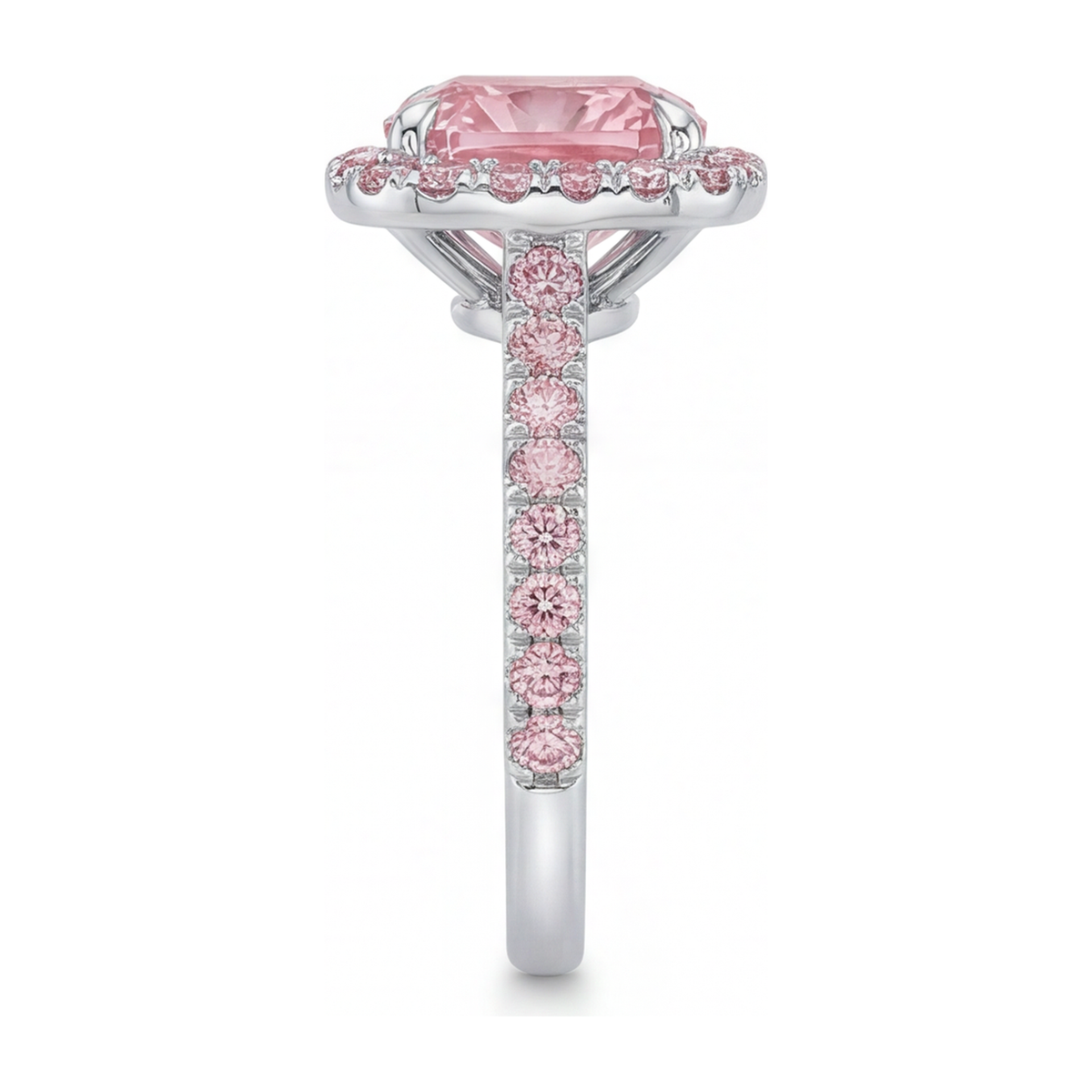 3.25 Carat Cushion Pink Lab Grown Diamond and White Diamond Halo Ring 14K White Gold