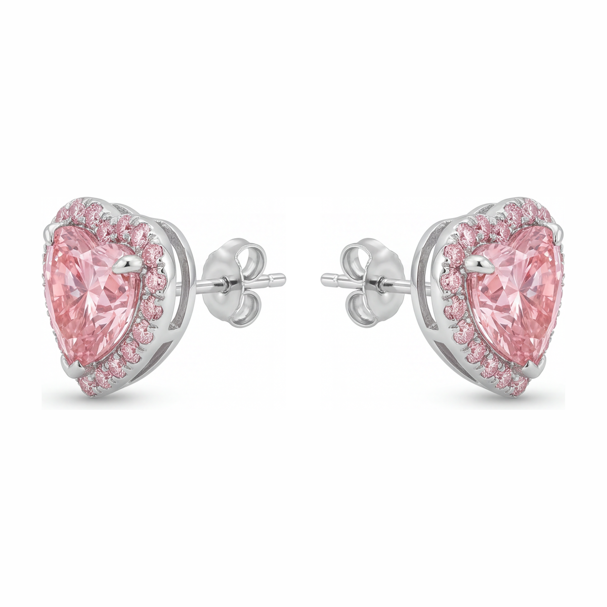 3.5 Carat Heart Pink Lab Grown Diamond and White Diamond Halo Earrings 14K White Gold