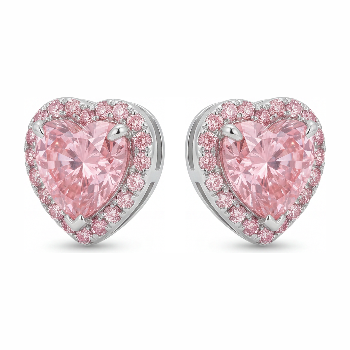 3.5 Carat Heart Pink Lab Grown Diamond and White Diamond Halo Earrings 14K White Gold
