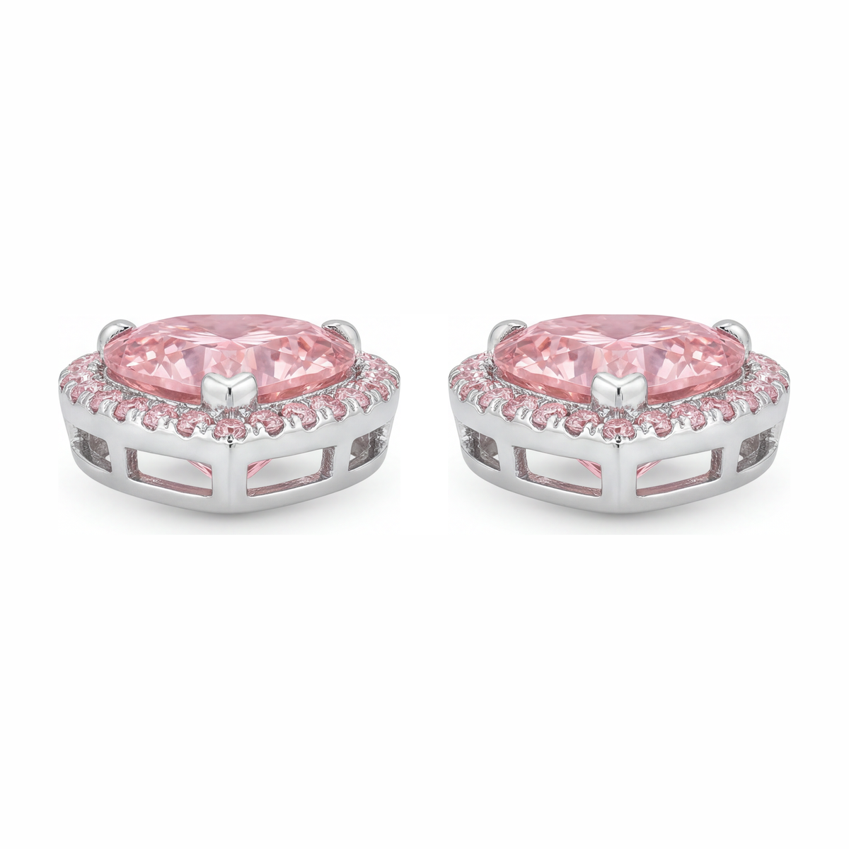 3.5 Carat Heart Pink Lab Grown Diamond and White Diamond Halo Earrings 14K White Gold