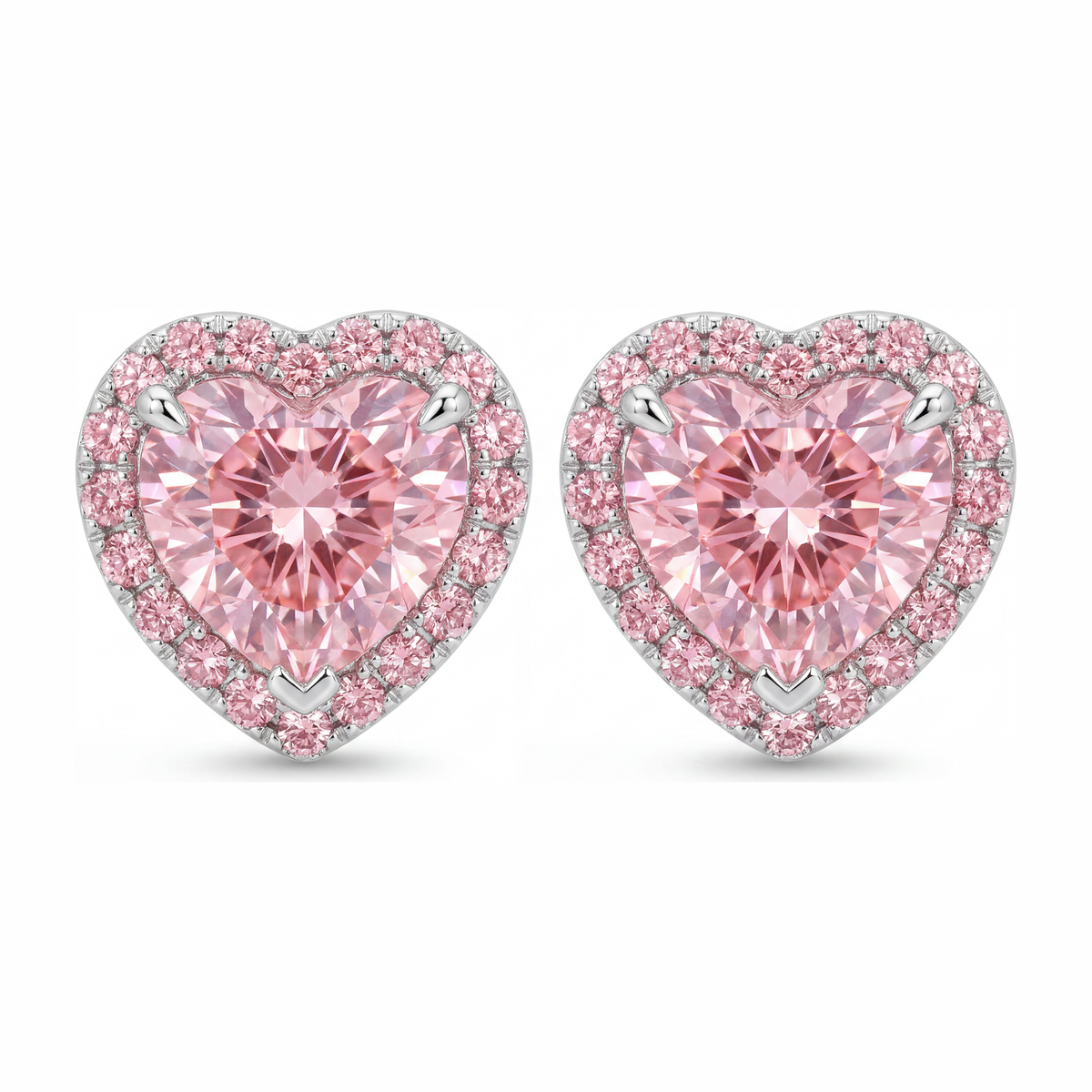 3.5 Carat Heart Pink Lab Grown Diamond and White Diamond Halo Earrings 14K White Gold