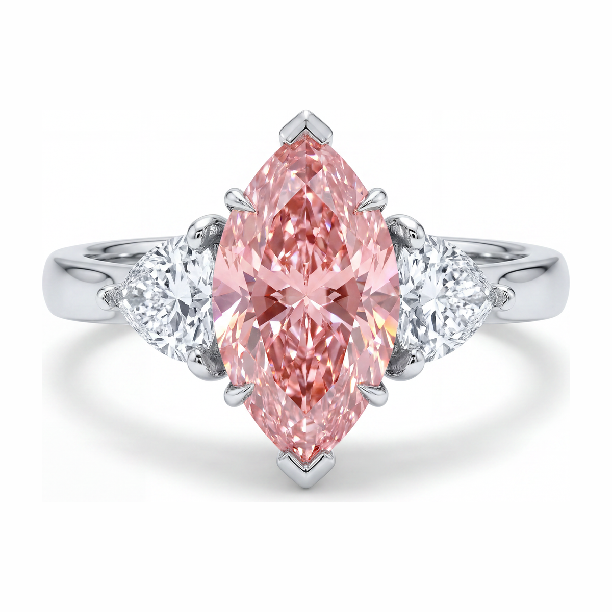 3.5 Carat Marquise Pink Lab Grown Diamond and White Diamond Three Stone Ring 14K White Gold
