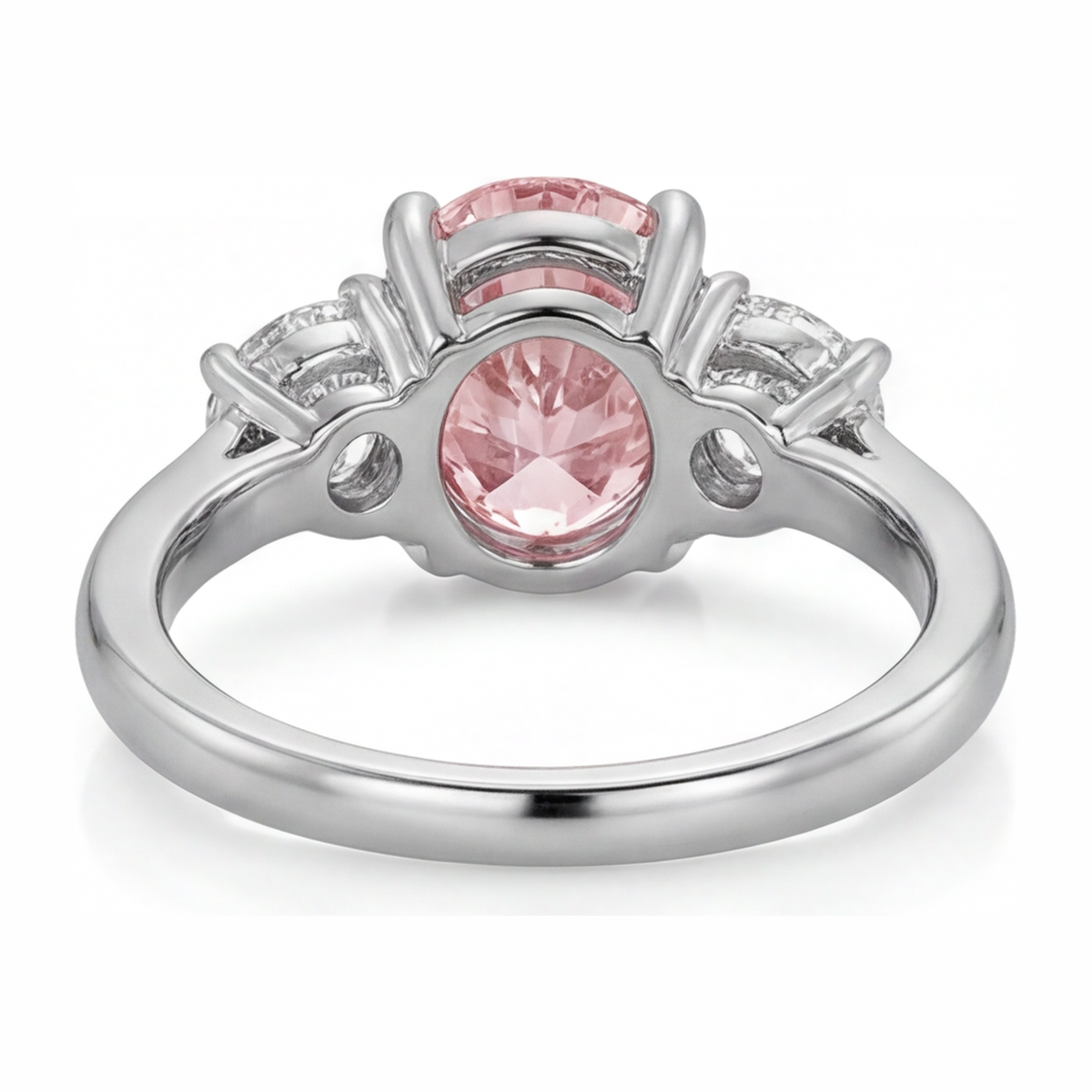 3.5 Carat Oval Pink Lab Grown Diamond and White Diamond Three Stone Ring 14K White Gold