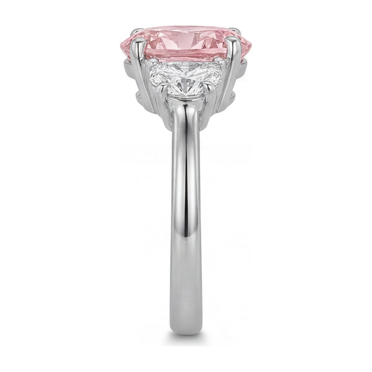 3.5 Carat Oval Pink Lab Grown Diamond and White Diamond Three Stone Ring 14K White Gold