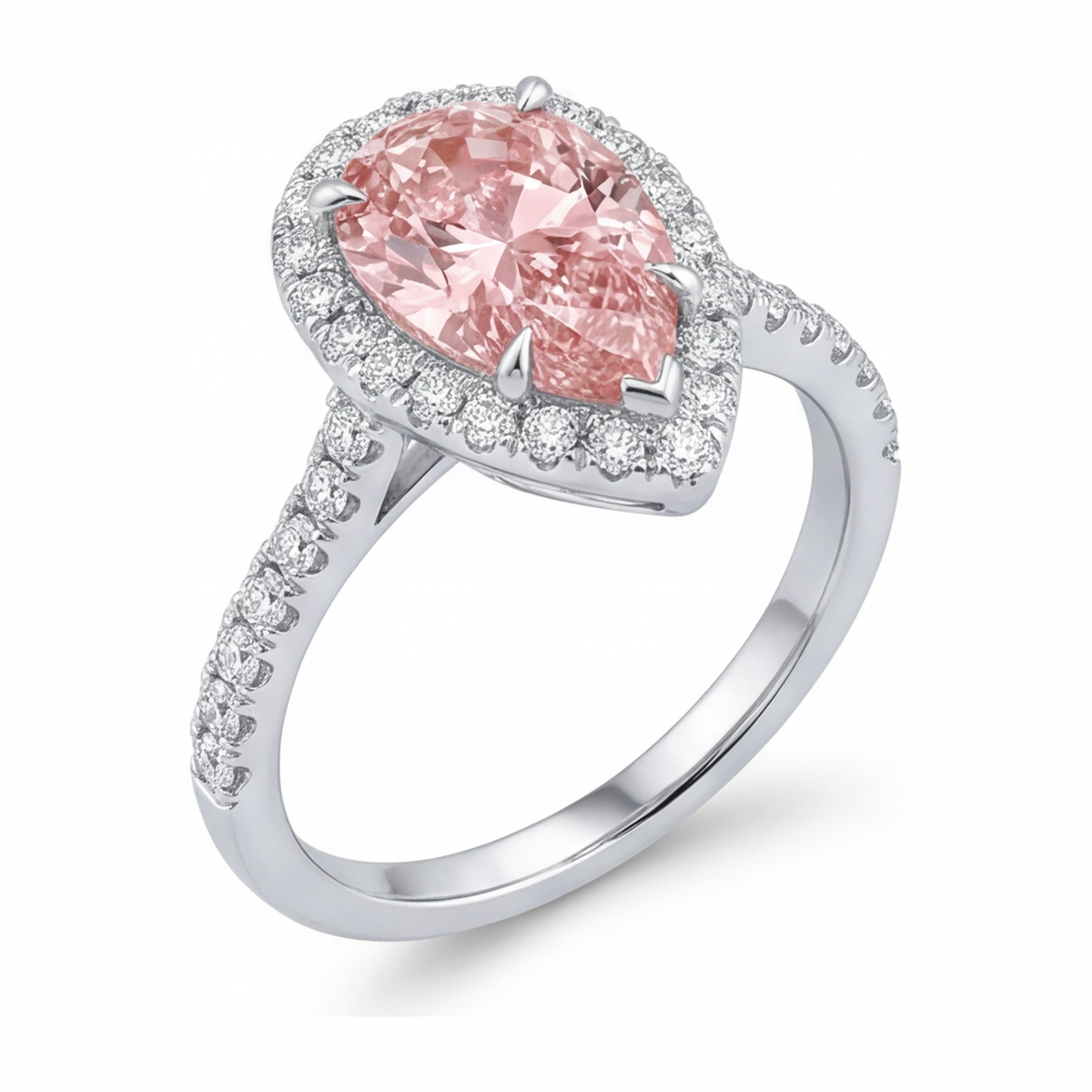 3.5 Carat Pear Pink Lab Grown Diamond and White Diamond Halo Ring 14K White Gold