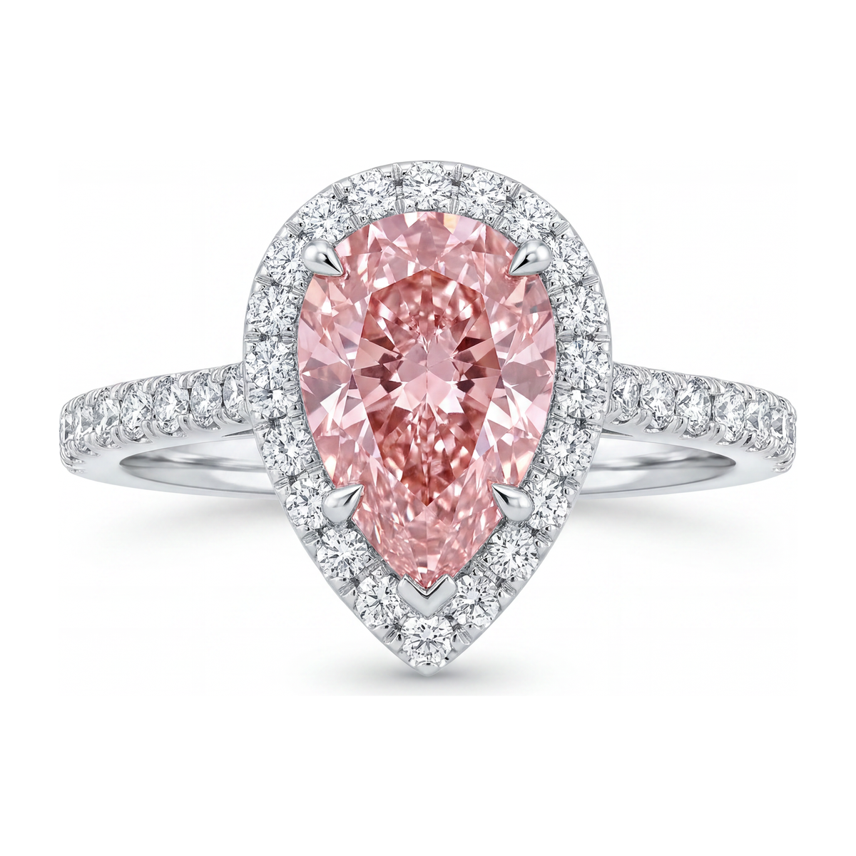 3.5 Carat Pear Pink Lab Grown Diamond and White Diamond Halo Ring 14K White Gold