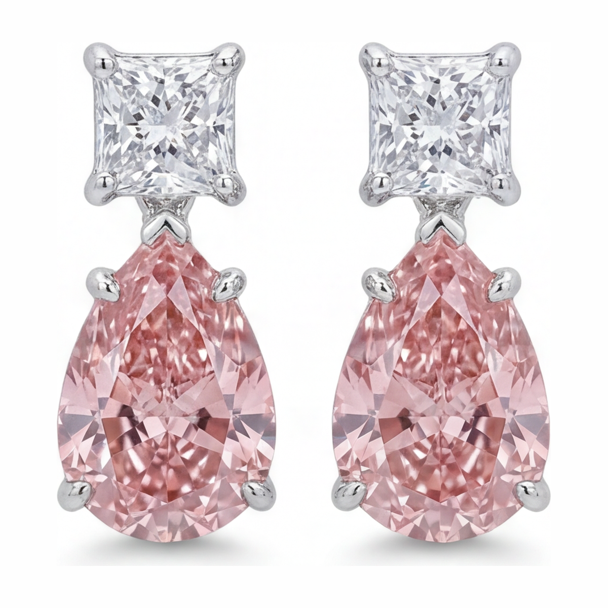 3.5 Carat Pear Pink Lab Grown Diamond and White Diamond Solitaire Earrings 14K White Gold