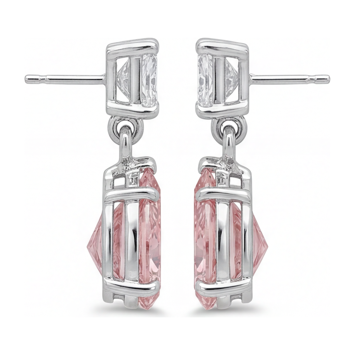 3.5 Carat Pear Pink Lab Grown Diamond and White Diamond Solitaire Earrings 14K White Gold