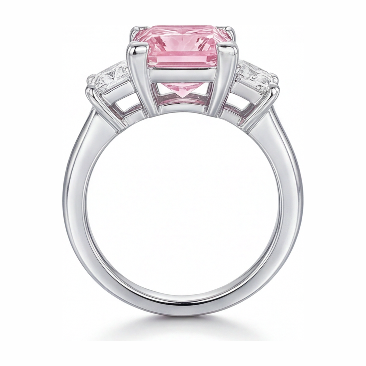 3.5 Carat Princess Pink Lab Grown Diamond and White Diamond Three Stone Ring 14K White Gold