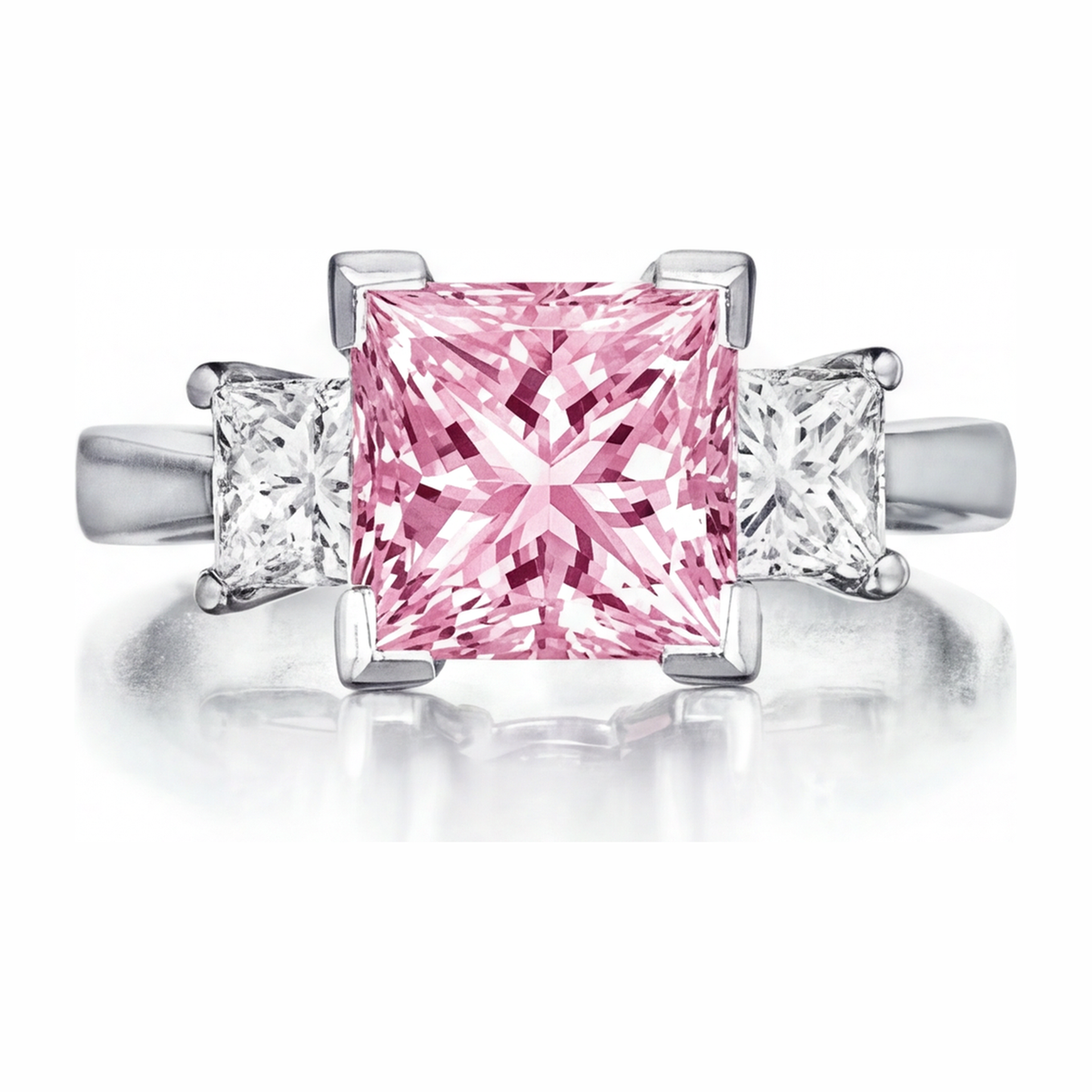 3.5 Carat Princess Pink Lab Grown Diamond and White Diamond Three Stone Ring 14K White Gold
