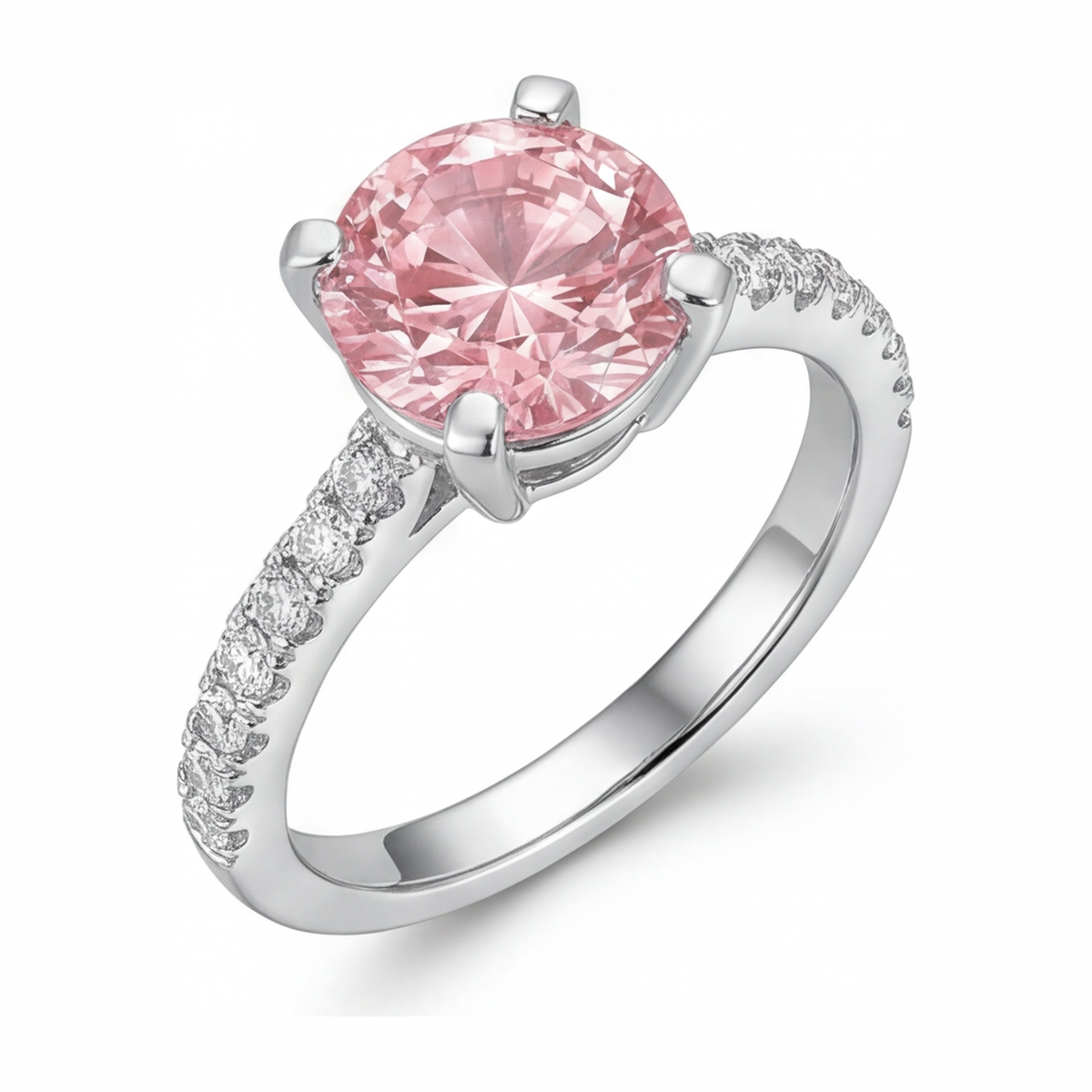 3.5 Carat Round Pink Lab Grown Diamond and White Diamond Pave Ring 14K White Gold