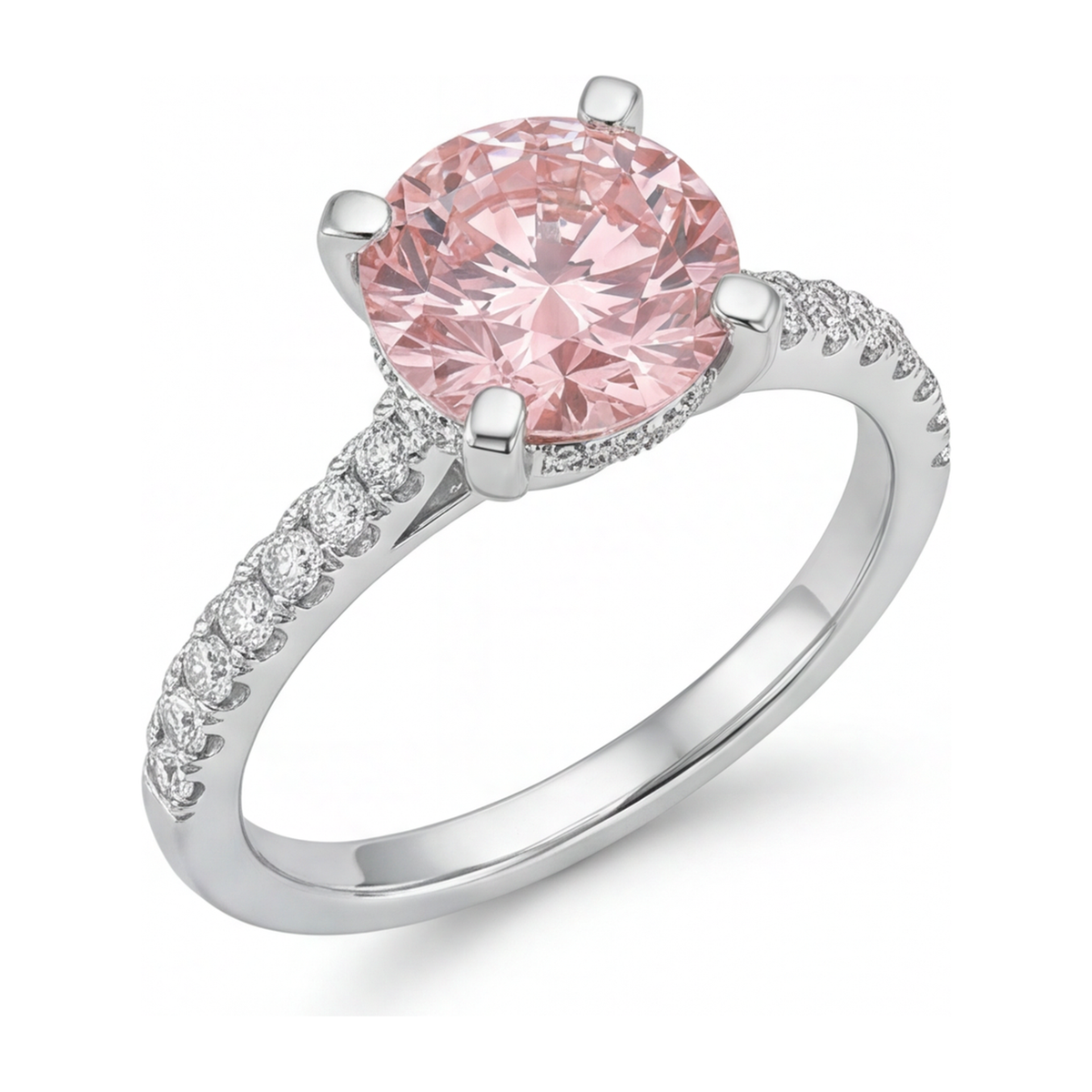 3.5 Carat Round Pink Lab Grown Diamond and White Diamond Pave Ring 14K White Gold