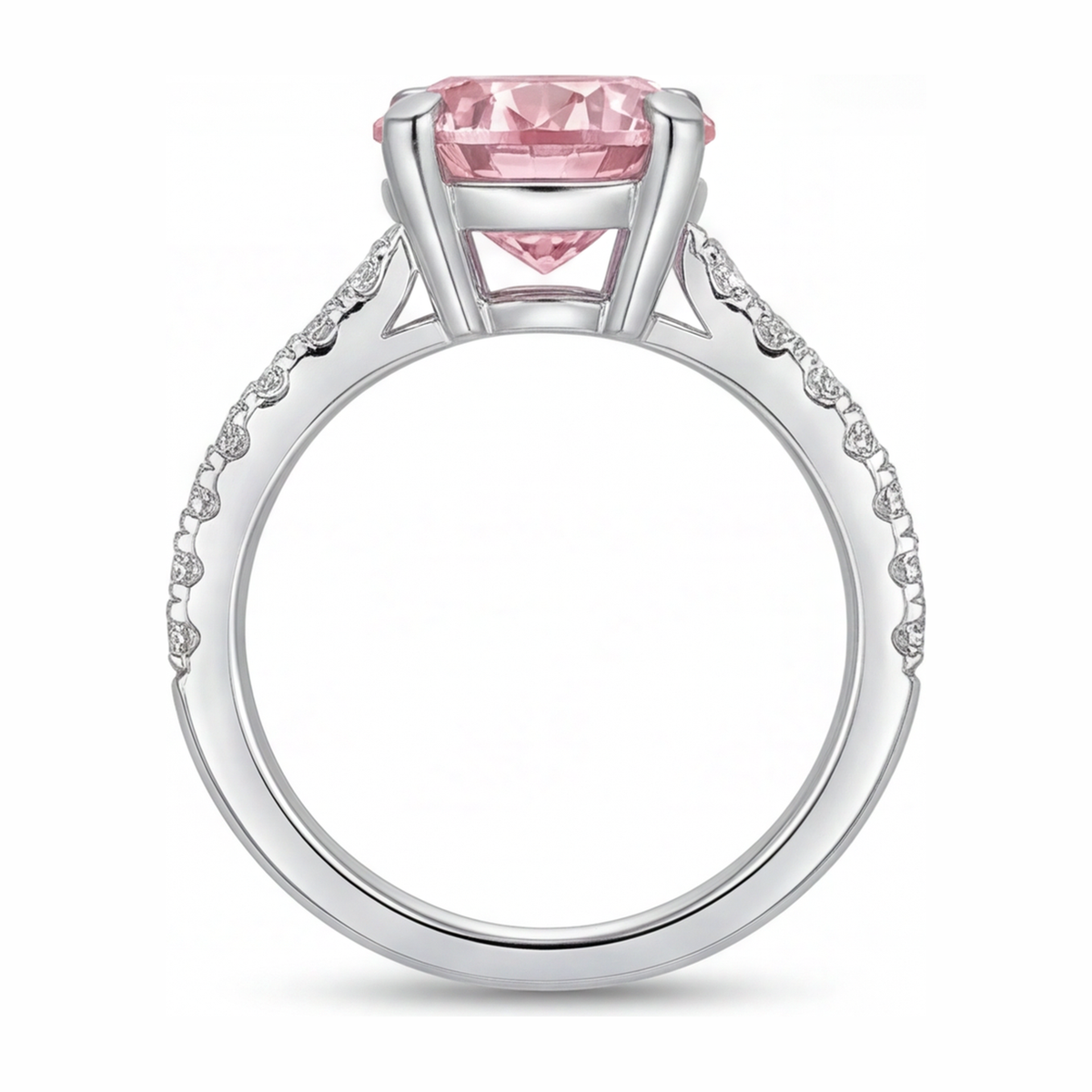 3.5 Carat Round Pink Lab Grown Diamond and White Diamond Pave Ring 14K White Gold