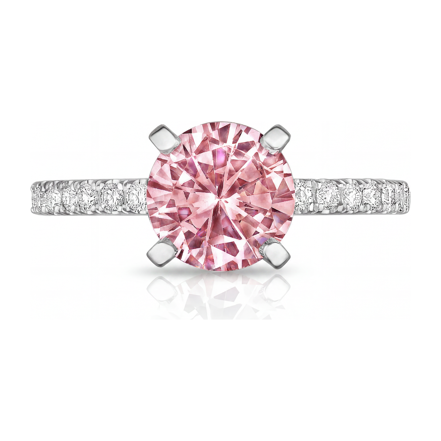 3.5 Carat Round Pink Lab Grown Diamond and White Diamond Pave Ring 14K White Gold