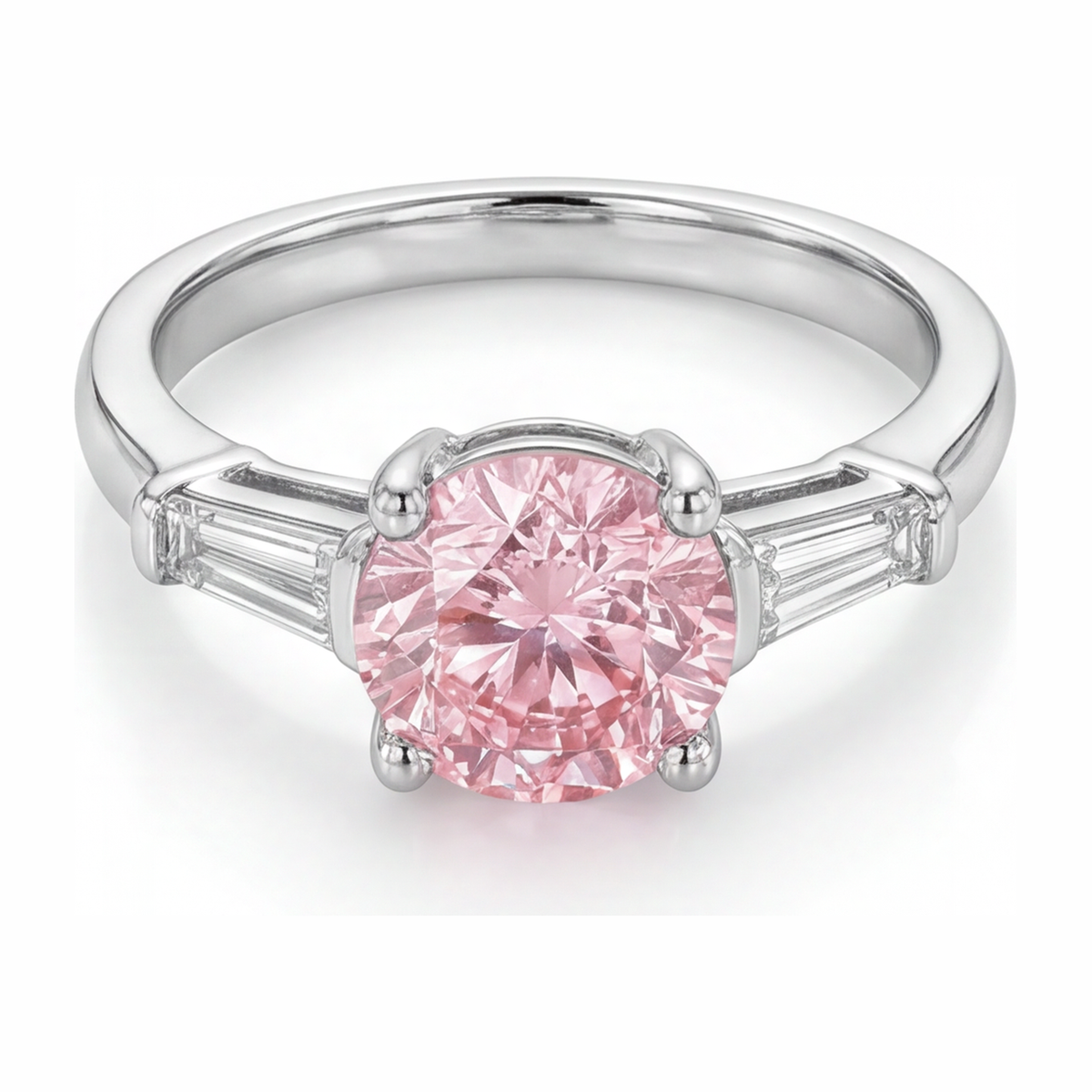 3.5 Carat Round Pink Lab Grown Diamond and White Diamond Three Stone Ring 14K White Gold