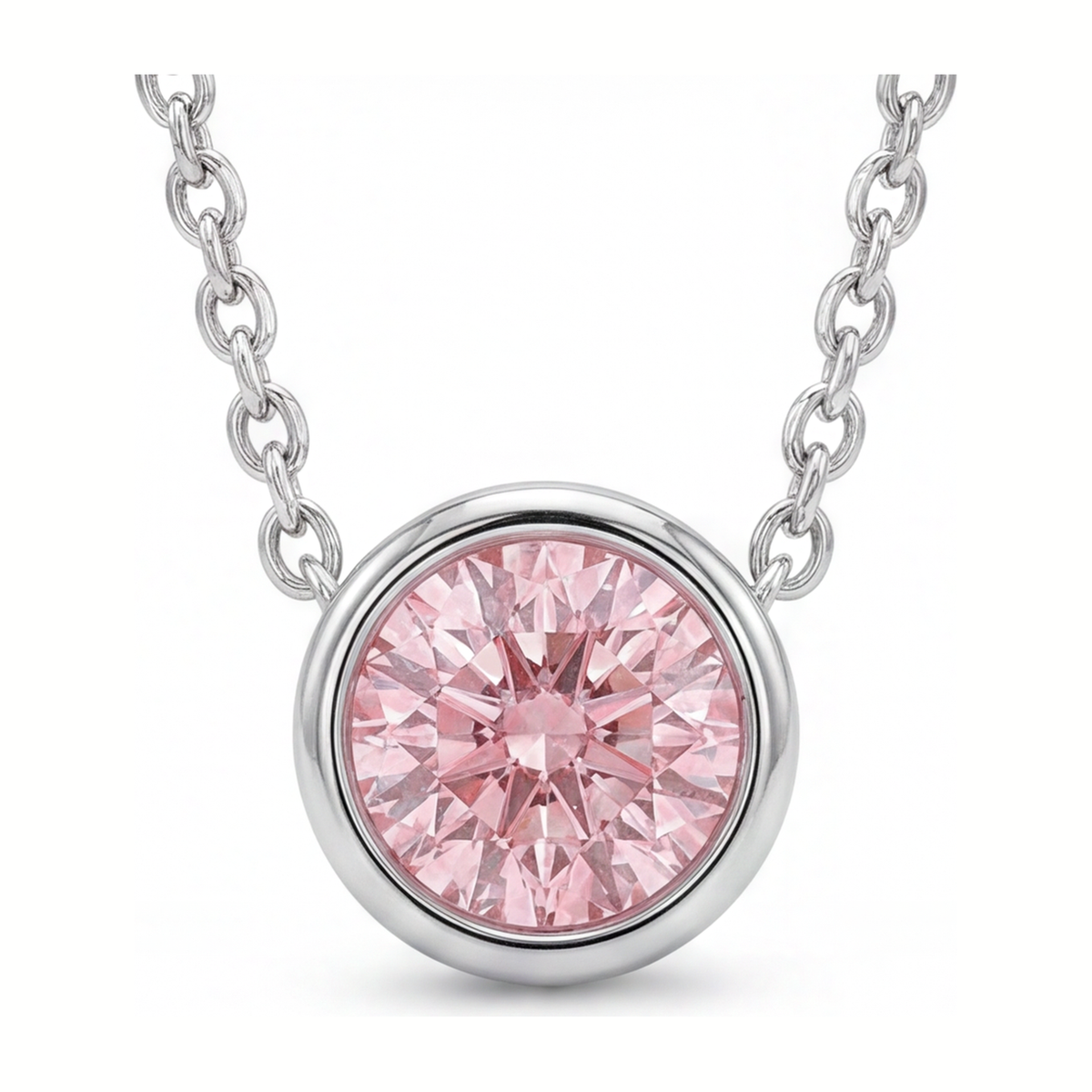 3.5 Carat Round Pink Lab Grown Diamond Bezel Pendant 14K White Gold