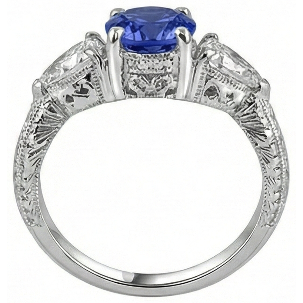 3.50 Carats Ring Round Tanzanite And Trillion Natural Earth Mined Diamonds 3-Stone Jewelry