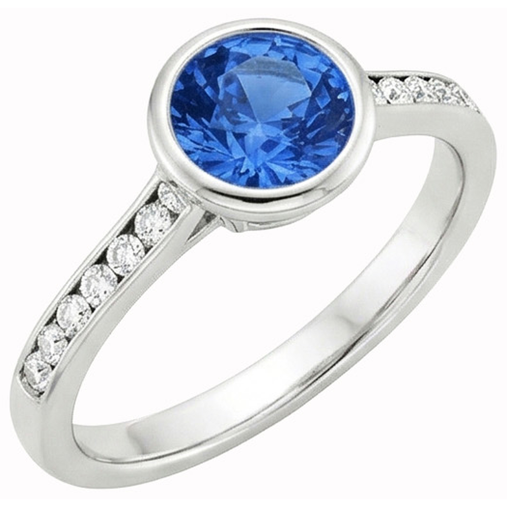 3.44 Ct Bezel Set Round Sapphire GIA CERTIFIED & Diamonds Ring White Gold 14K