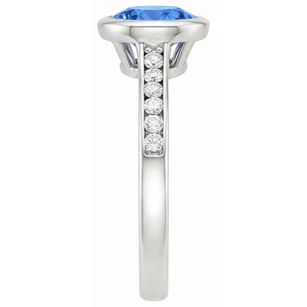 3.44 Ct Bezel Set Round Sapphire GIA CERTIFIED & Diamonds Ring White Gold 14K